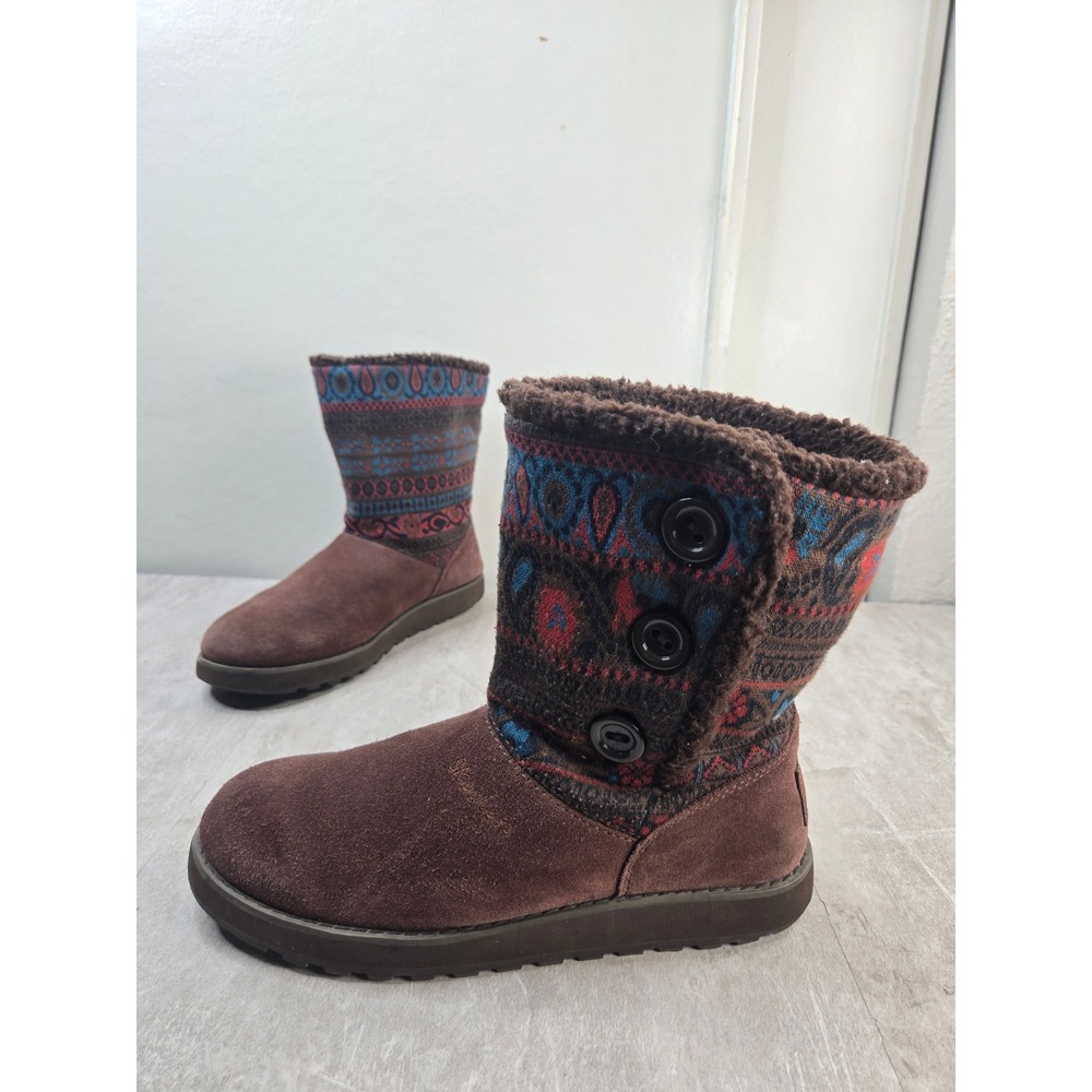 Skechers Boho Winter Boots 8.5 Brown Southwestern Knit Button Fold Over Booties